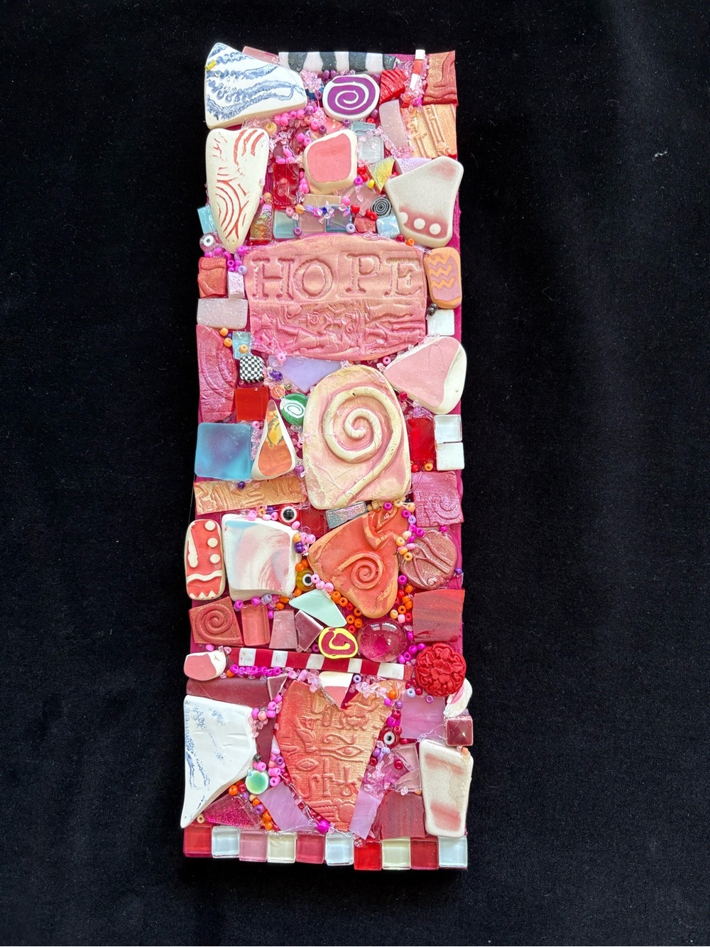 Handmade Clay Mosaic Art “Hope Polymer Clay &Clay& Glass original On Wood  12”x4